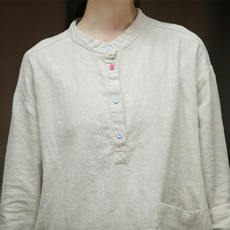 Camicia da donna in lino ramiè con mezza abbottonatura, a maniche lunghe, tinta unita , Buddha Stones