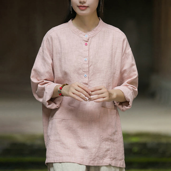 Camicia da donna in lino ramiè con mezza abbottonatura, a maniche lunghe, tinta unita , Buddha Stones