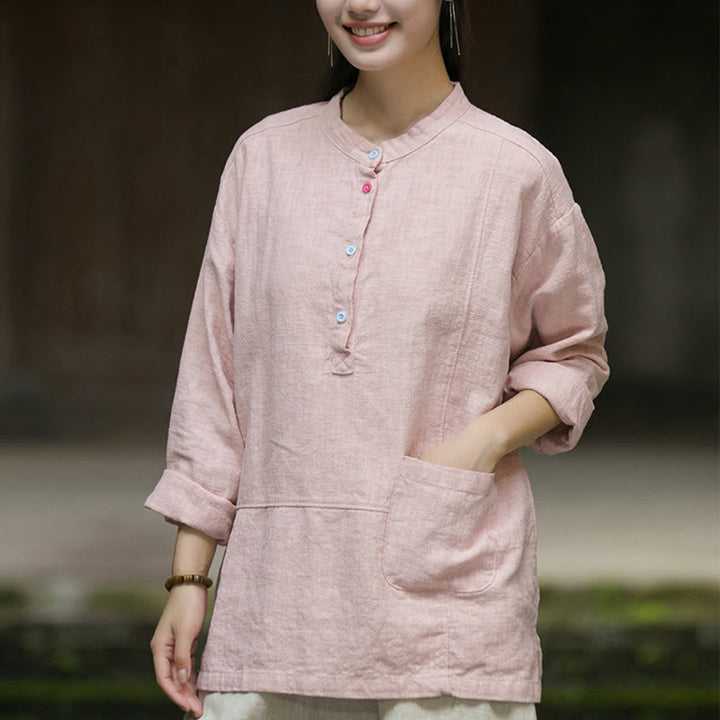 Camicia da donna in lino ramiè con mezza abbottonatura, a maniche lunghe, tinta unita , Buddha Stones