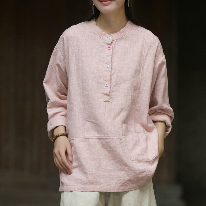 Camicia da donna in lino ramiè con mezza abbottonatura, a maniche lunghe, tinta unita , Buddha Stones