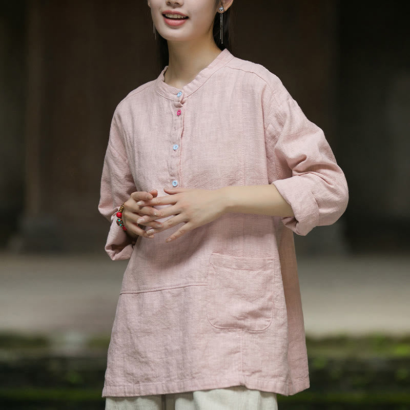 Camicia da donna in lino ramiè con mezza abbottonatura, a maniche lunghe, tinta unita , Buddha Stones