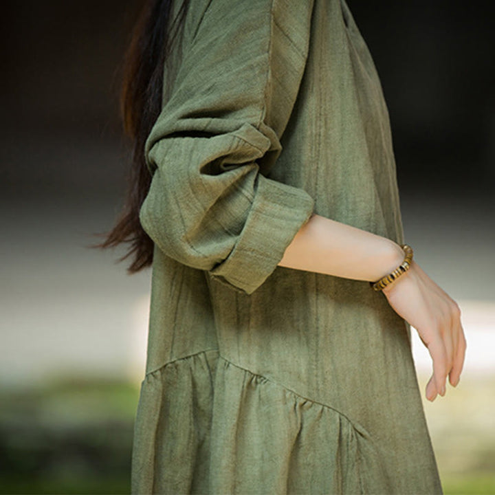 Abito midi in lino ramiè a maniche lunghe con scollo a V cinese in tinta unita Buddha Stones - image 11