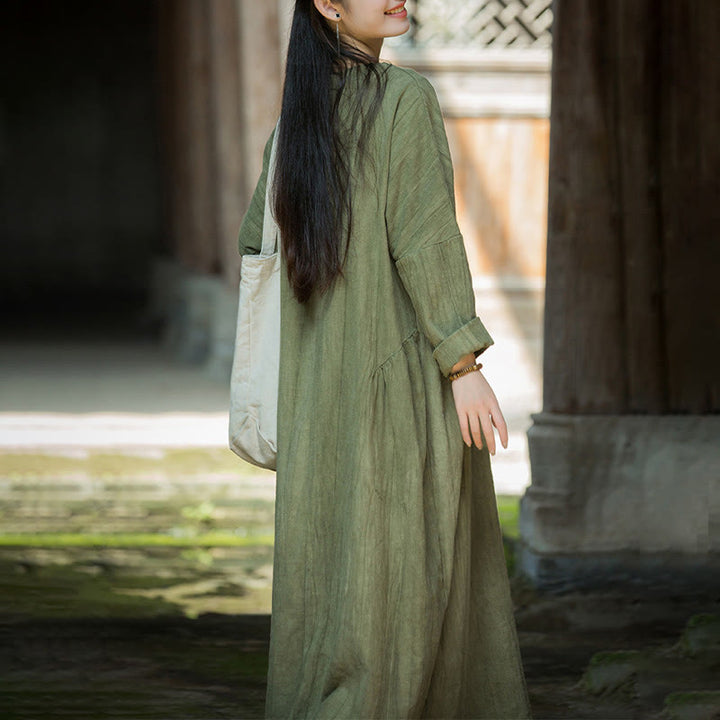 Abito midi in lino ramiè a maniche lunghe con scollo a V cinese in tinta unita Buddha Stones - image 4