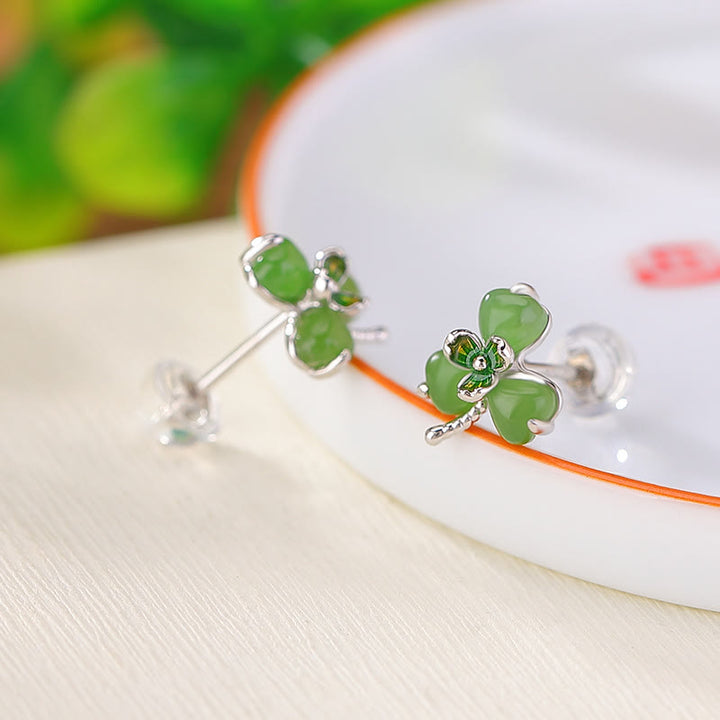 Orecchini Buddha Stones in argento sterling 925 con smalto e giada Hetian con trifoglio portafortuna
