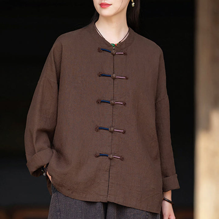 Camicia da donna in lino ramiè a maniche lunghe con bottoni a rana e tinta unita , Buddha Stones