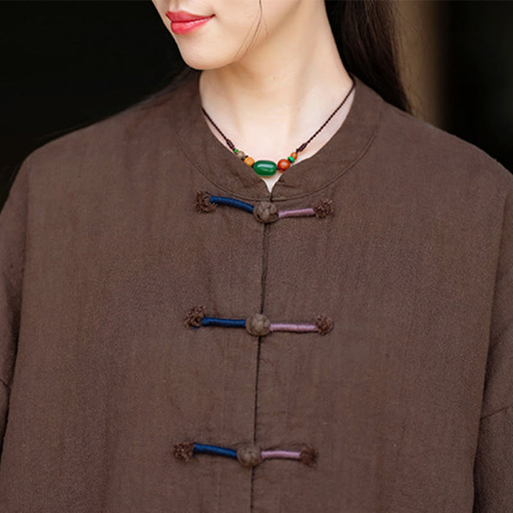 Camicia da donna in lino ramiè a maniche lunghe con bottoni a rana e tinta unita , Buddha Stones
