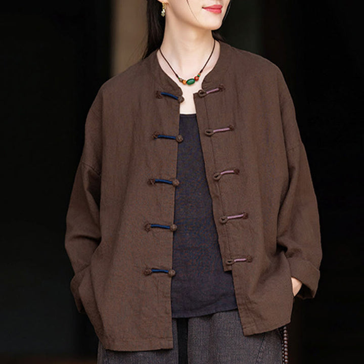 Camicia da donna in lino ramiè a maniche lunghe con bottoni a rana e tinta unita , Buddha Stones - image 18