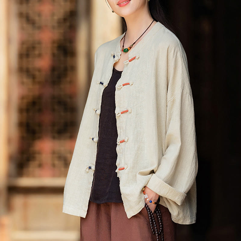 Camicia da donna in lino ramiè a maniche lunghe con bottoni a rana e tinta unita , Buddha Stones