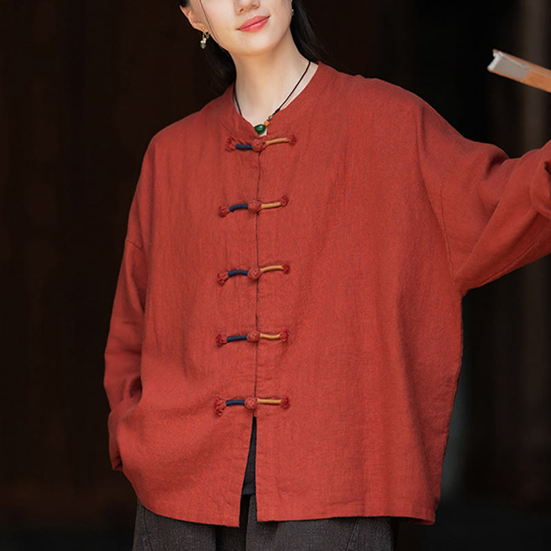 Camicia da donna in lino ramiè a maniche lunghe con bottoni a rana e tinta unita , Buddha Stones - Rosso - US4， UK/AU8，EU36-44 (F) - image 21