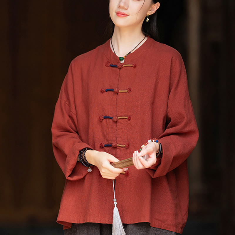 Camicia da donna in lino ramiè a maniche lunghe con bottoni a rana e tinta unita , Buddha Stones