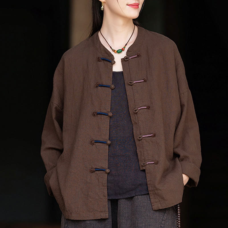 Camicia da donna in lino ramiè a maniche lunghe con bottoni a rana e tinta unita , Buddha Stones