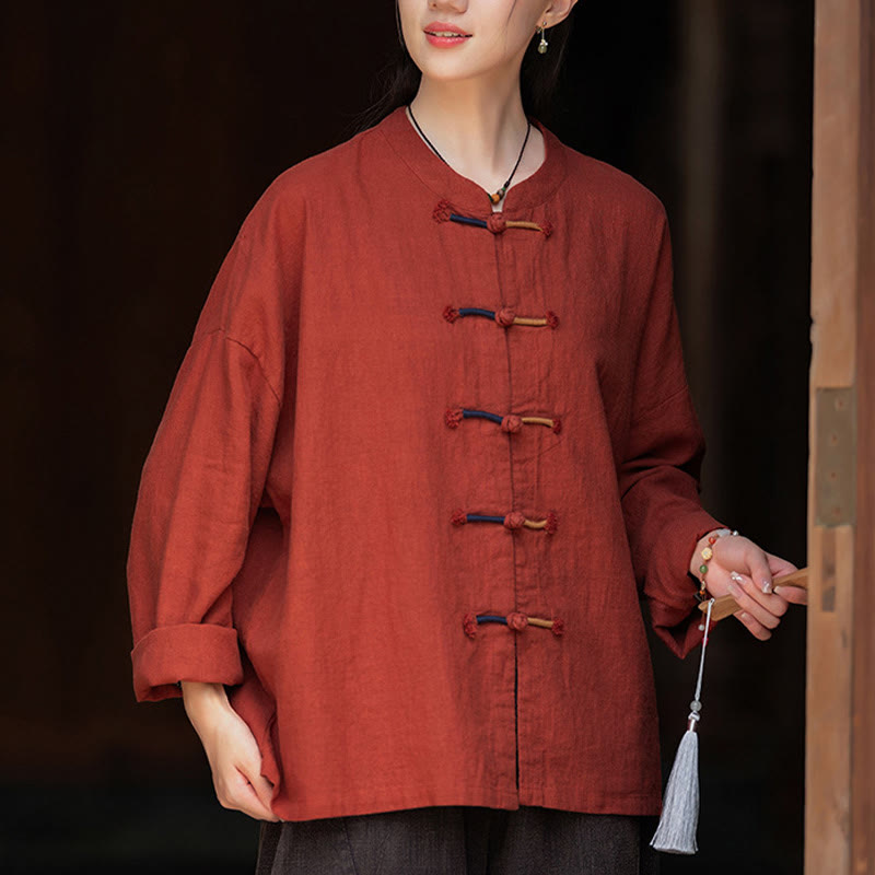 Camicia da donna in lino ramiè a maniche lunghe con bottoni a rana e tinta unita , Buddha Stones