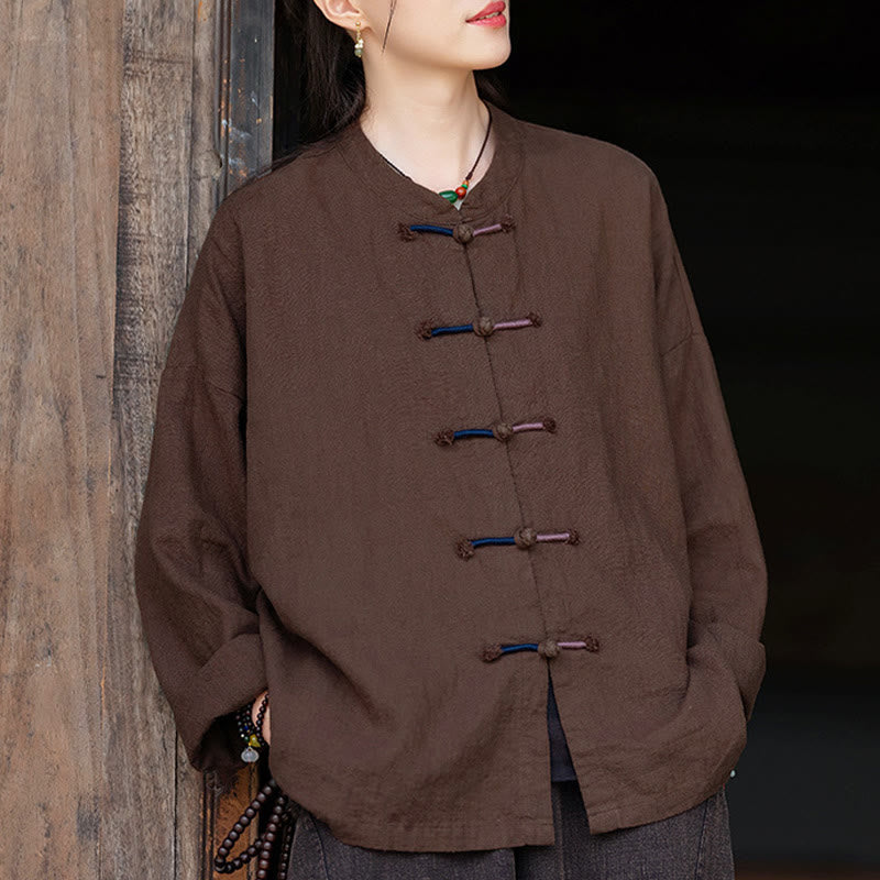 Camicia da donna in lino ramiè a maniche lunghe con bottoni a rana e tinta unita , Buddha Stones