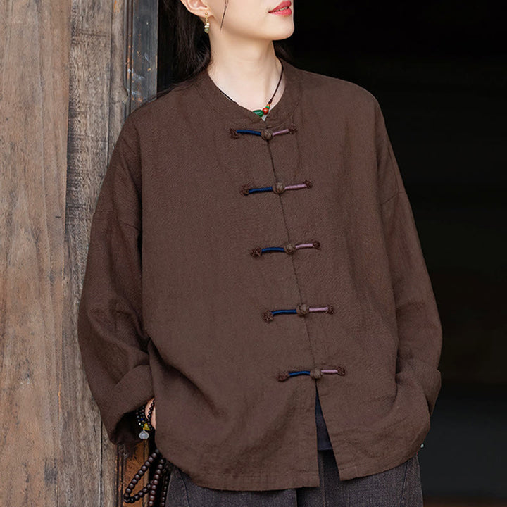 Camicia da donna in lino ramiè a maniche lunghe con bottoni a rana e tinta unita , Buddha Stones