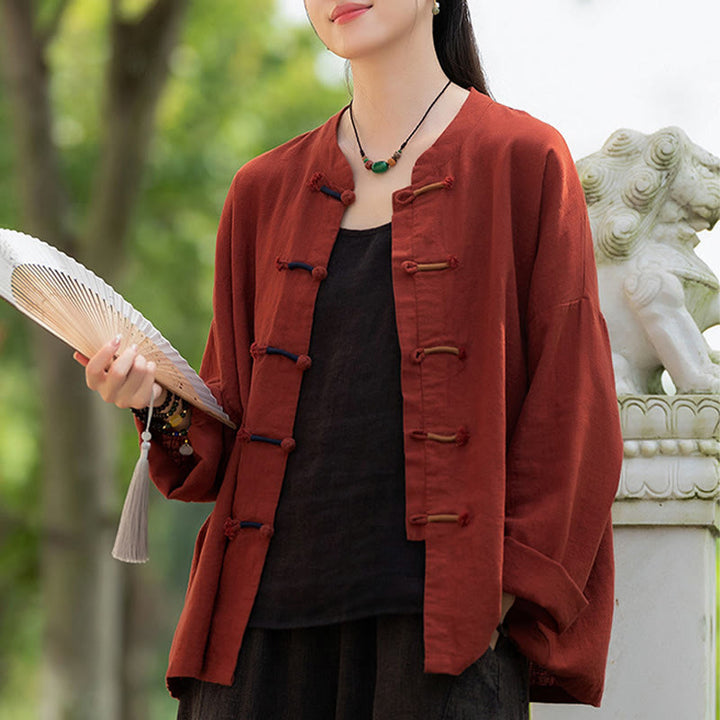 Camicia da donna in lino ramiè a maniche lunghe con bottoni a rana e tinta unita , Buddha Stones
