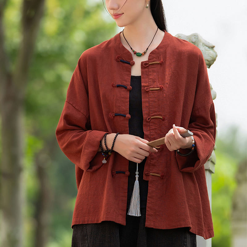 Camicia da donna in lino ramiè a maniche lunghe con bottoni a rana e tinta unita , Buddha Stones