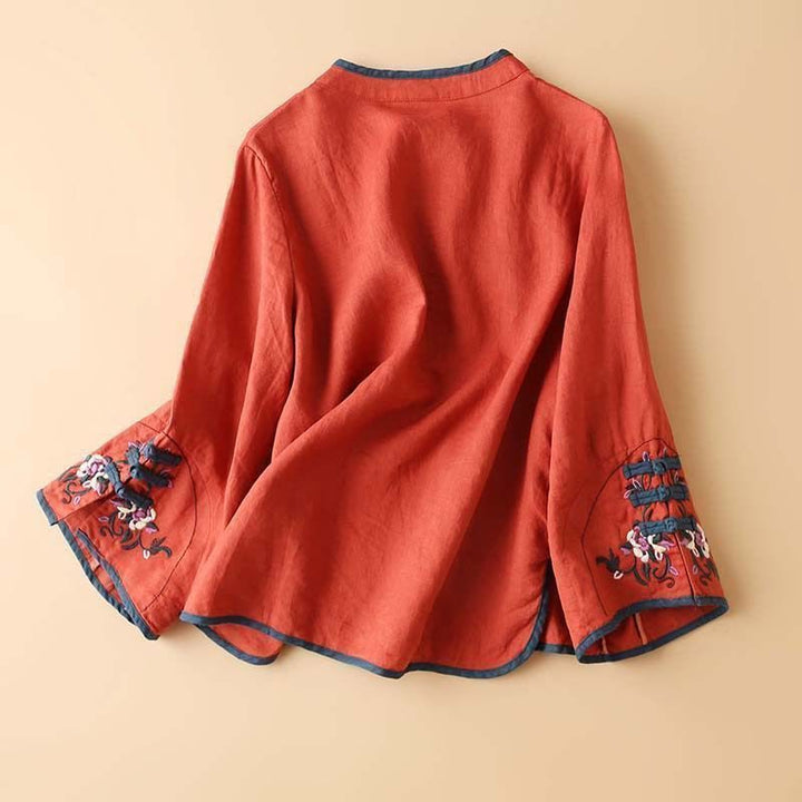 Camicia da donna in cotone e lino a maniche lunghe con ricamo floreale retrò Buddha Stones