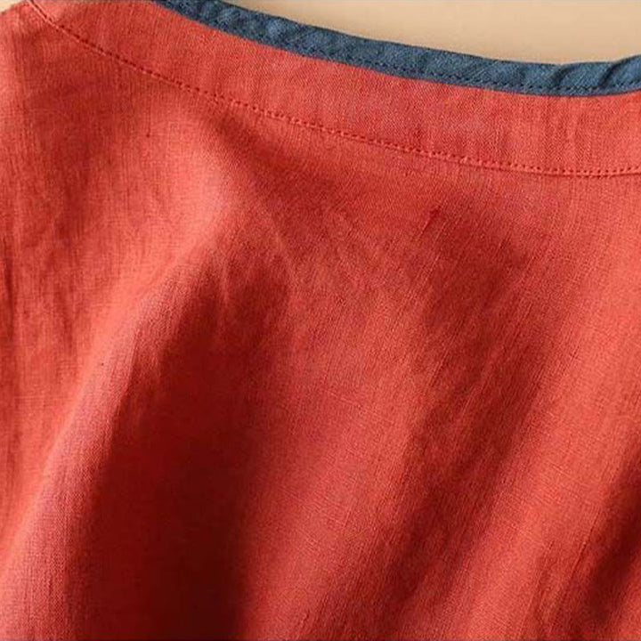 Camicia da donna in cotone e lino a maniche lunghe con ricamo floreale retrò Buddha Stones