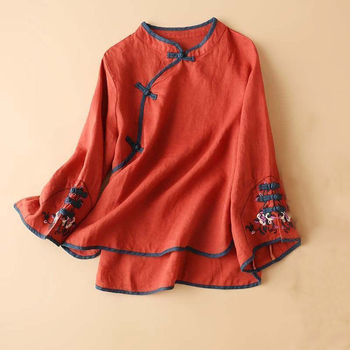 Camicia da donna in cotone e lino a maniche lunghe con ricamo floreale retrò Buddha Stones