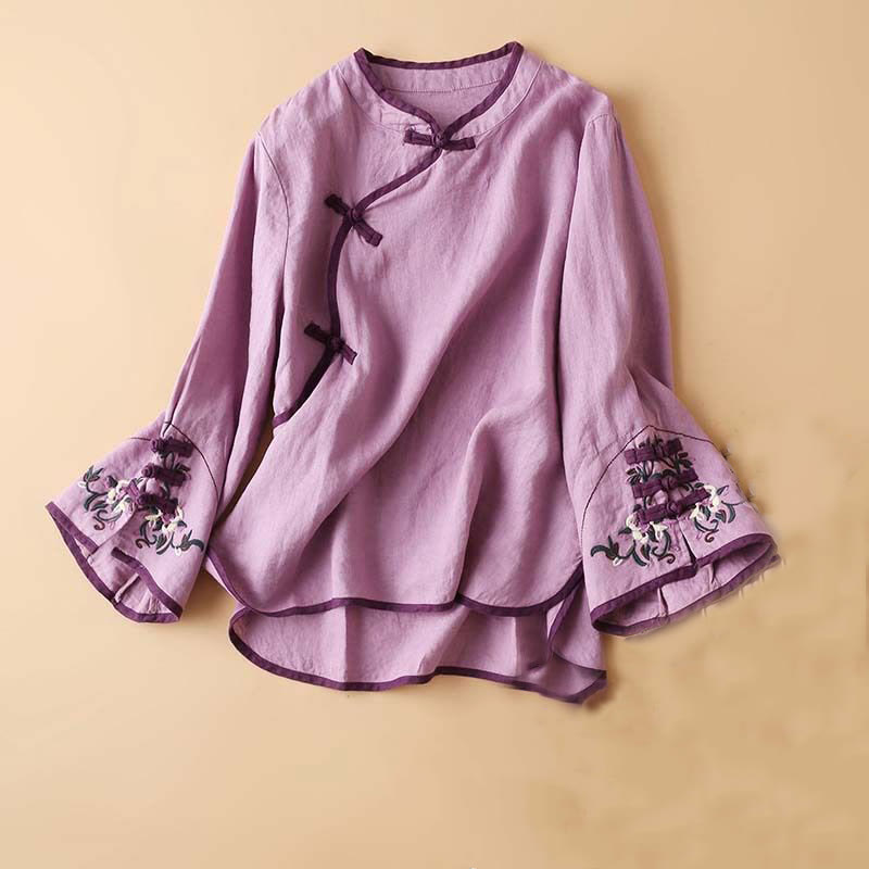 Camicia da donna in cotone e lino a maniche lunghe con ricamo floreale retrò Buddha Stones
