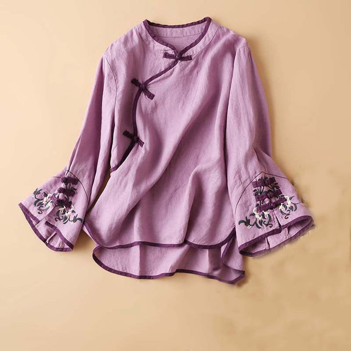 Camicia da donna in cotone e lino a maniche lunghe con ricamo floreale retrò Buddha Stones