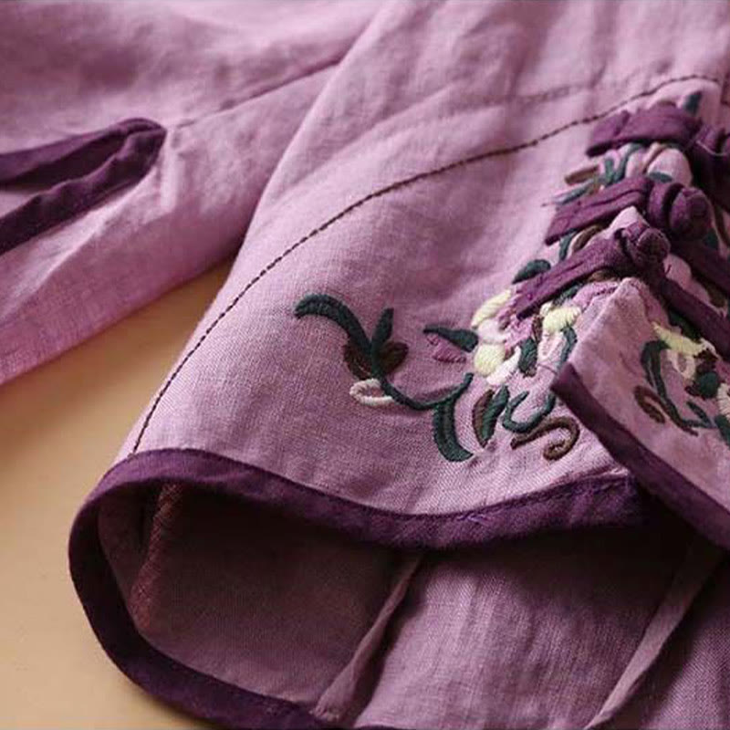 Camicia da donna in cotone e lino a maniche lunghe con ricamo floreale retrò Buddha Stones