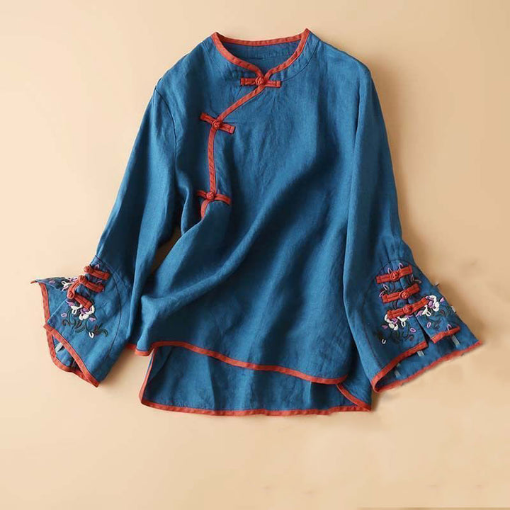 Camicia da donna in cotone e lino a maniche lunghe con ricamo floreale retrò Buddha Stones