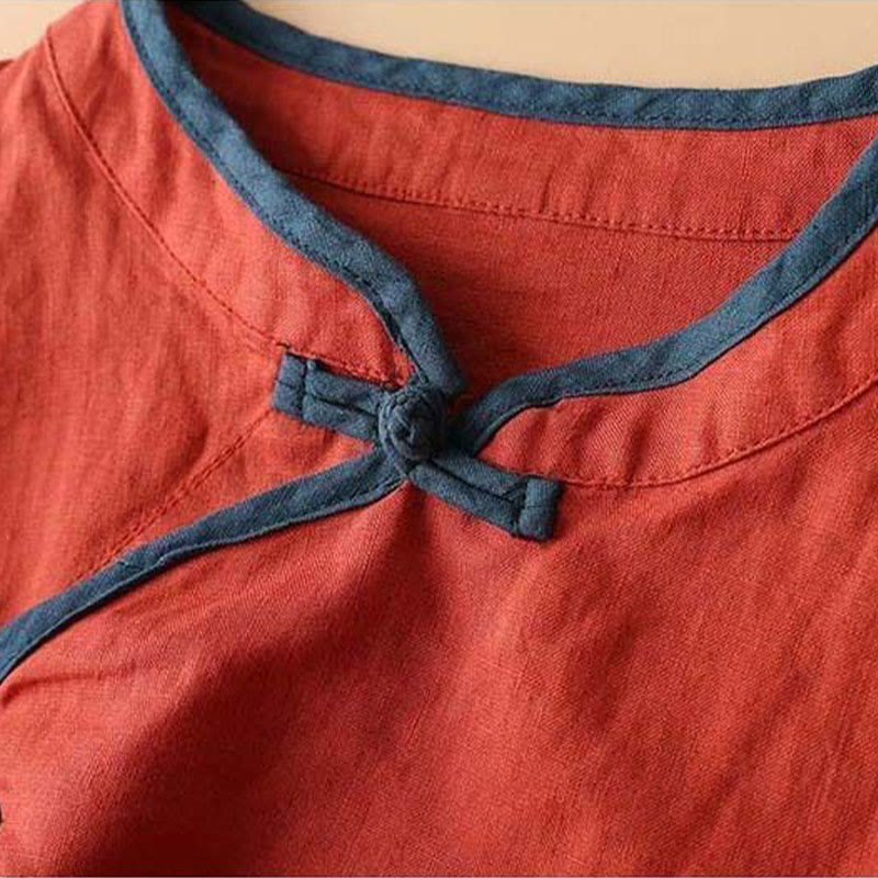 Camicia da donna in cotone e lino a maniche lunghe con ricamo floreale retrò Buddha Stones