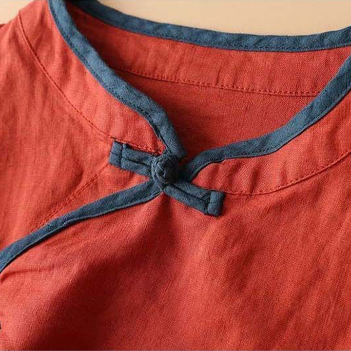 Camicia da donna in cotone e lino a maniche lunghe con ricamo floreale retrò Buddha Stones