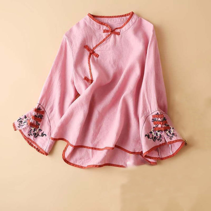 Camicia da donna in cotone e lino a maniche lunghe con ricamo floreale retrò Buddha Stones