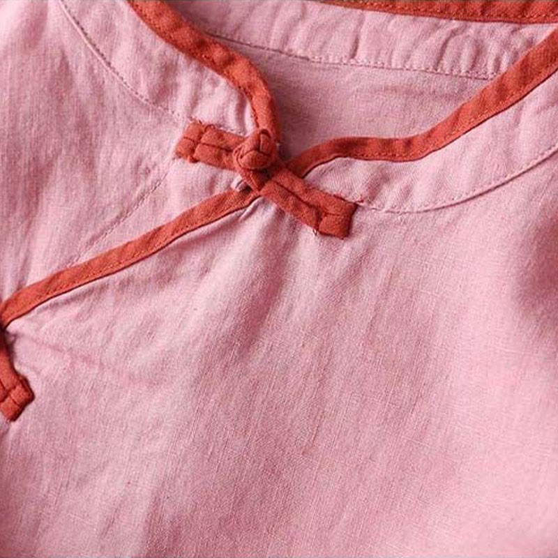 Camicia da donna in cotone e lino a maniche lunghe con ricamo floreale retrò Buddha Stones