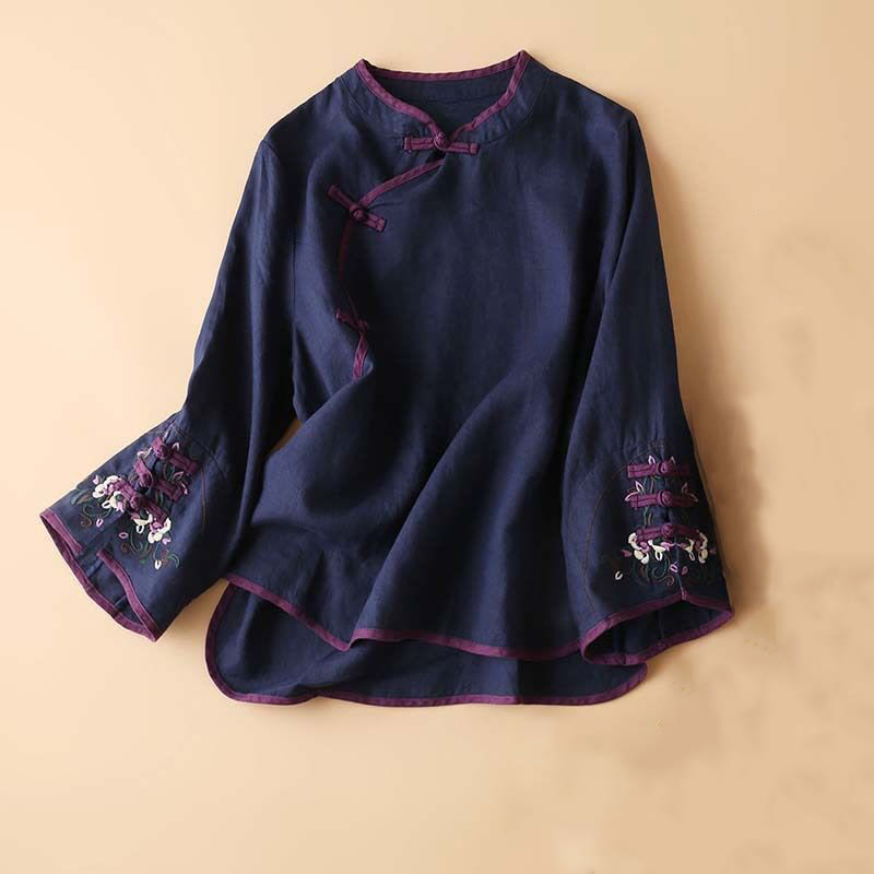 Camicia da donna in cotone e lino a maniche lunghe con ricamo floreale retrò Buddha Stones