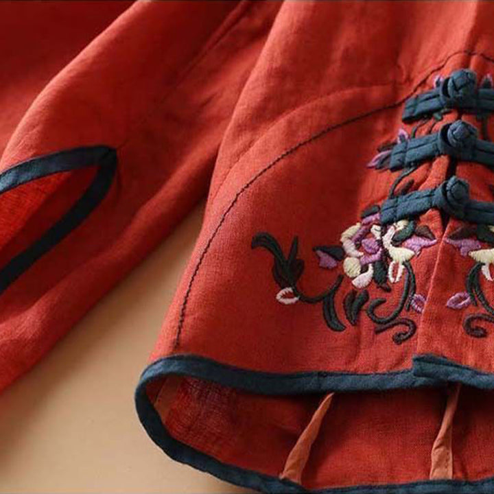 Camicia da donna in cotone e lino a maniche lunghe con ricamo floreale retrò Buddha Stones