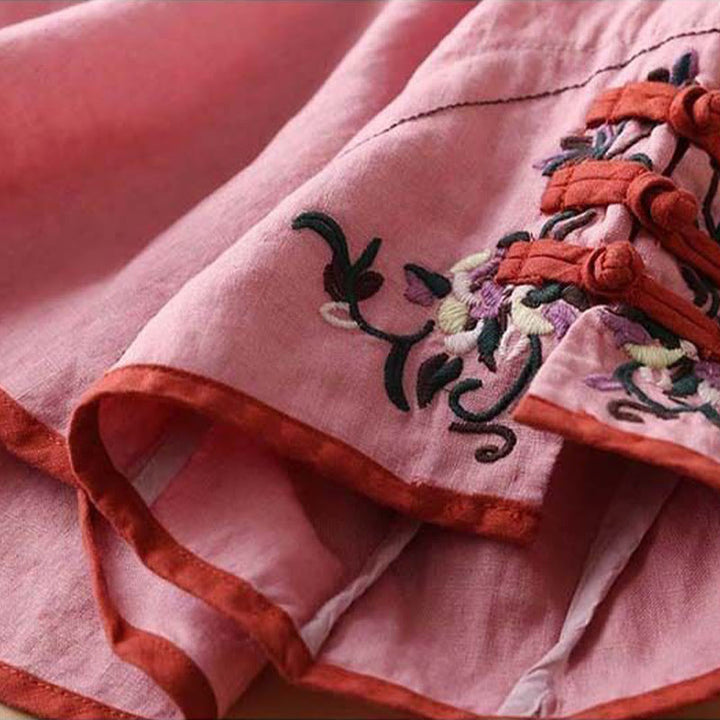 Camicia da donna in cotone e lino a maniche lunghe con ricamo floreale retrò Buddha Stones