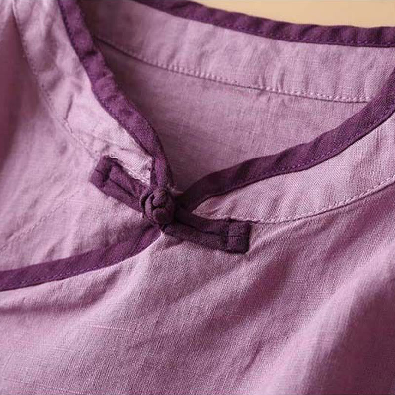 Camicia da donna in cotone e lino a maniche lunghe con ricamo floreale retrò Buddha Stones
