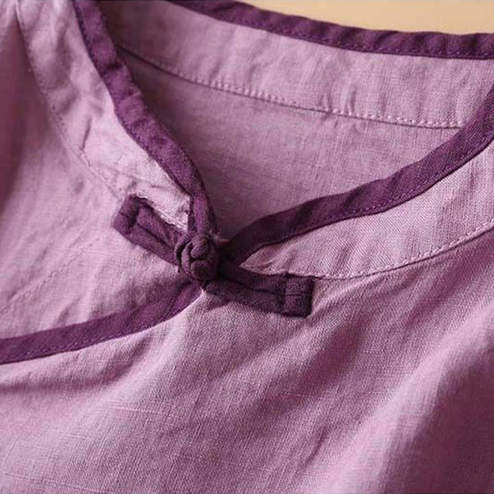 Camicia da donna in cotone e lino a maniche lunghe con ricamo floreale retrò Buddha Stones