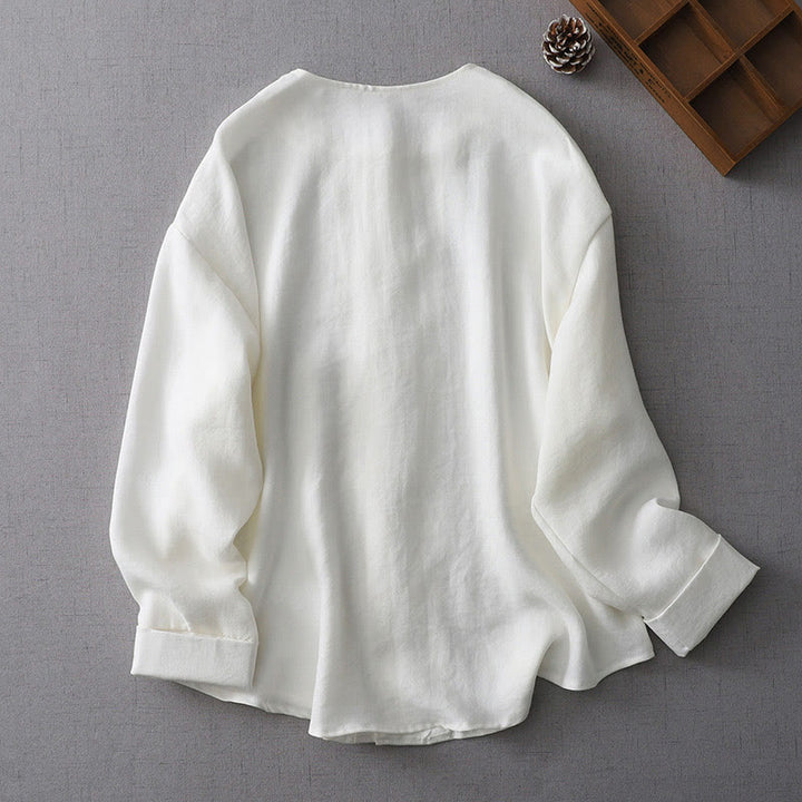 Camicia da donna a maniche lunghe con bottoni e stampa Buddha Stones, tinta unita. - image 2