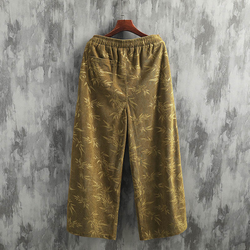 Pantaloni da uomo a gamba larga in velluto a coste con coulisse, in cotone, con tasche, motivo Buddha Stones Bamboo Leaves - image 5