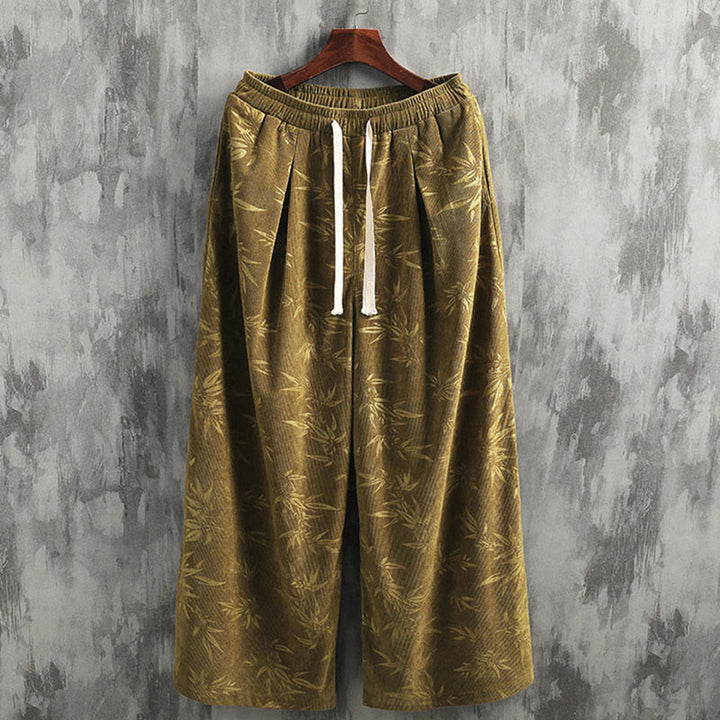 Pantaloni da uomo a gamba larga in velluto a coste con coulisse, in cotone, con tasche, motivo Buddha Stones Bamboo Leaves - image 4