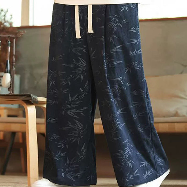 Pantaloni da uomo a gamba larga in velluto a coste con coulisse, in cotone, con tasche, motivo Buddha Stones Bamboo Leaves