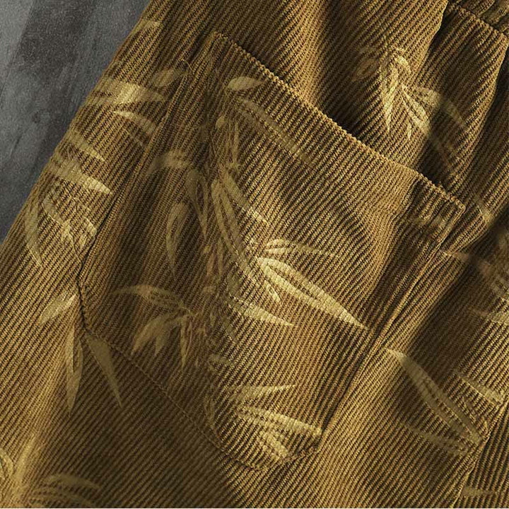 Pantaloni da uomo a gamba larga in velluto a coste con coulisse, in cotone, con tasche, motivo Buddha Stones Bamboo Leaves