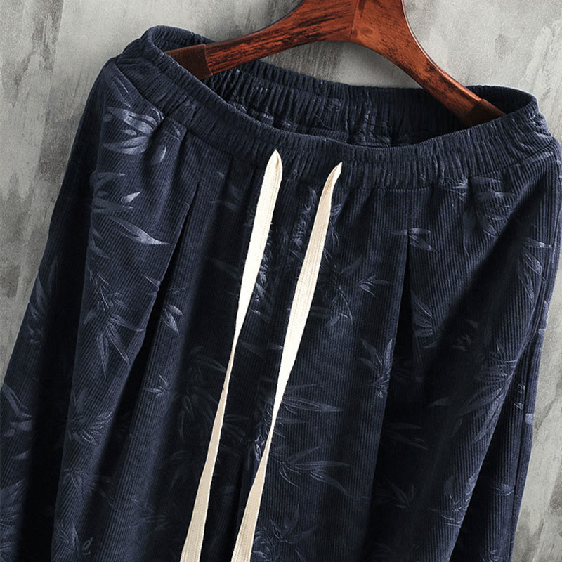 Pantaloni da uomo a gamba larga in velluto a coste con coulisse, in cotone, con tasche, motivo Buddha Stones Bamboo Leaves - image 1