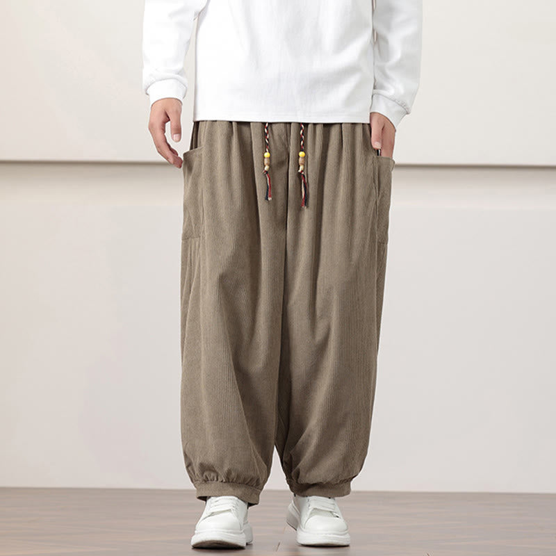 Pantaloni harem da uomo in velluto a coste tinta unita con coulisse e tasche Buddha Stones
