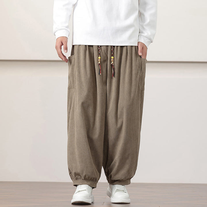 Pantaloni harem da uomo in velluto a coste tinta unita con coulisse e tasche Buddha Stones