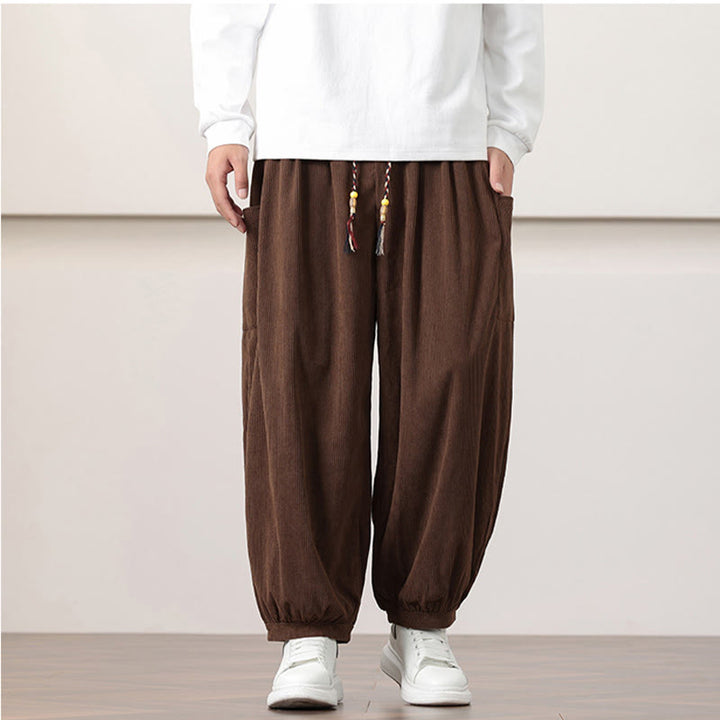 Pantaloni harem da uomo in velluto a coste tinta unita con coulisse e tasche Buddha Stones