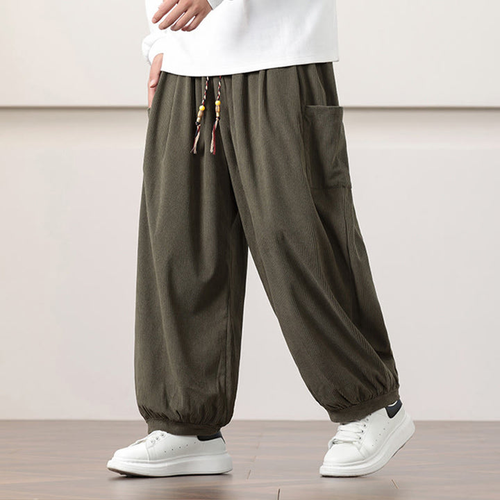 Pantaloni harem da uomo in velluto a coste tinta unita con coulisse e tasche Buddha Stones - Oliva - US/UK/AU46, EU56 (5XL) - image 0