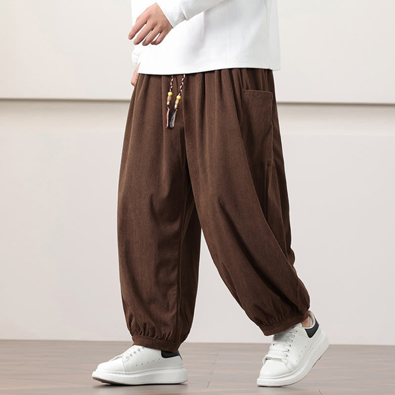 Pantaloni harem da uomo in velluto a coste tinta unita con coulisse e tasche Buddha Stones