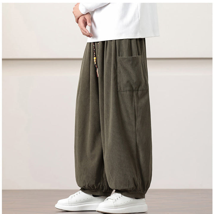 Pantaloni harem da uomo in velluto a coste tinta unita con coulisse e tasche Buddha Stones - image 4