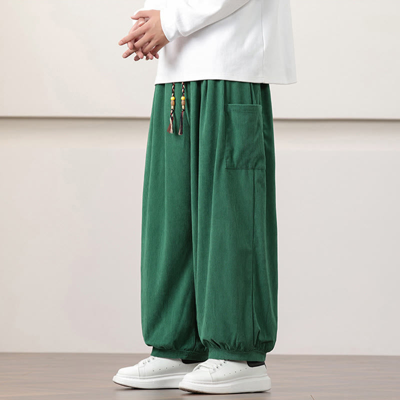 Pantaloni harem da uomo in velluto a coste tinta unita con coulisse e tasche Buddha Stones