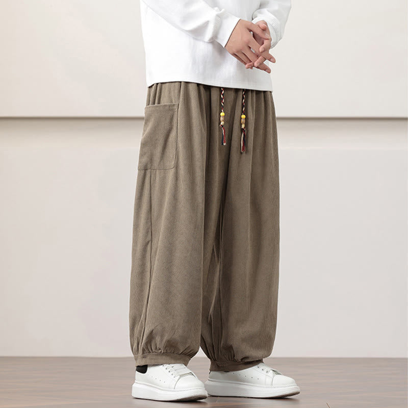 Pantaloni harem da uomo in velluto a coste tinta unita con coulisse e tasche Buddha Stones